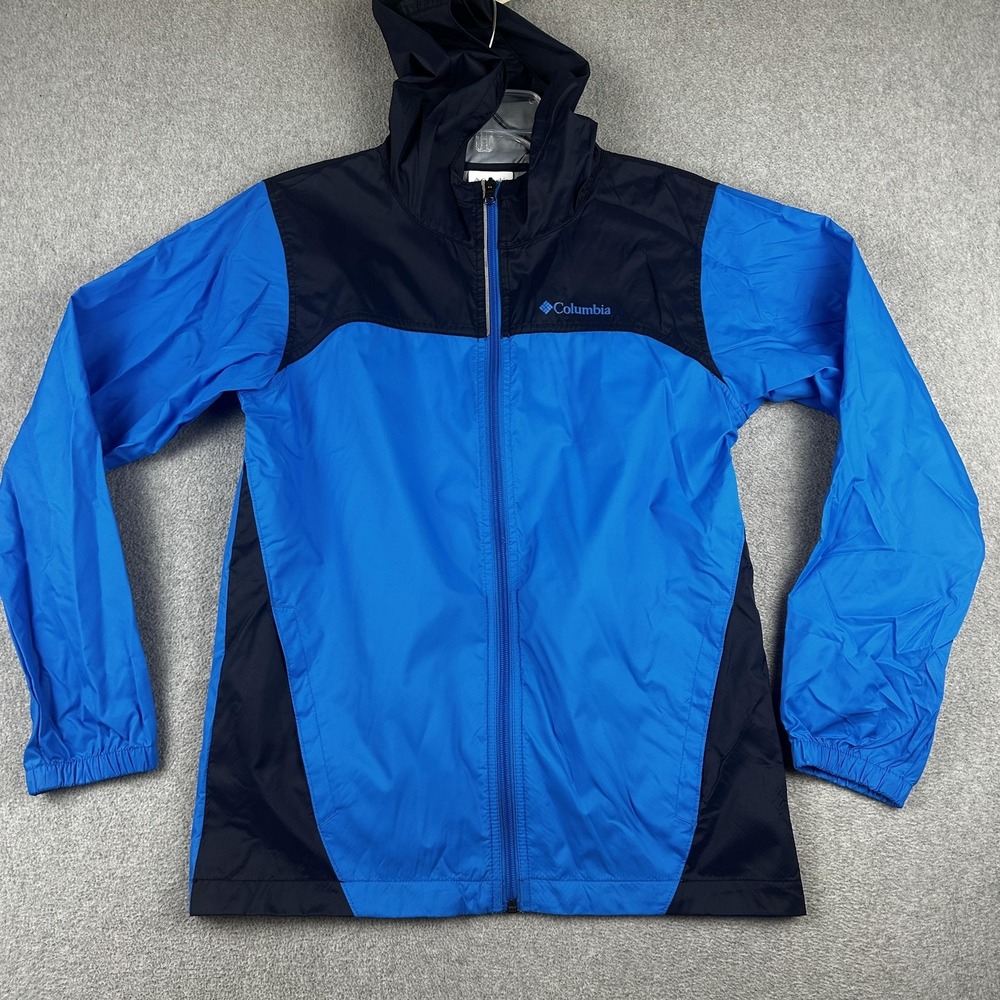 Columbia Jacket Mens Large Blue Black Nylon Hooded Windbreaker Lightweight Zip